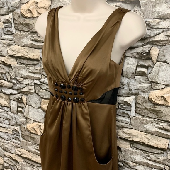 #152 BCBGeneration Jeweled Embellished Mesh Bronze Chocolate Satin Dress BCBG 2 - Picture 2 of 9